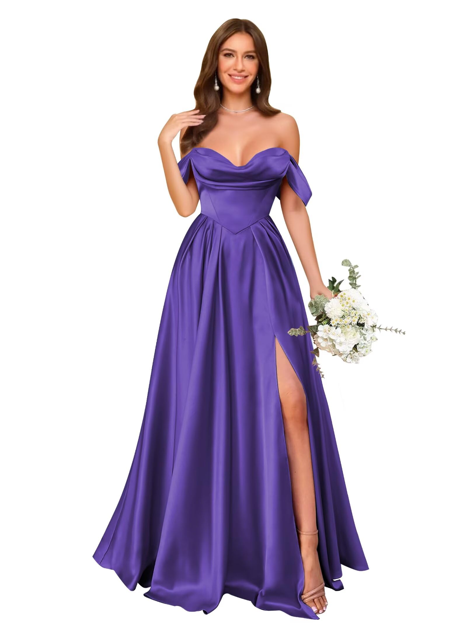 Off Shoulder Satin Bridesmaid Dresses Long Pleated Formal Dresses A Line Evening Gowns with Slit