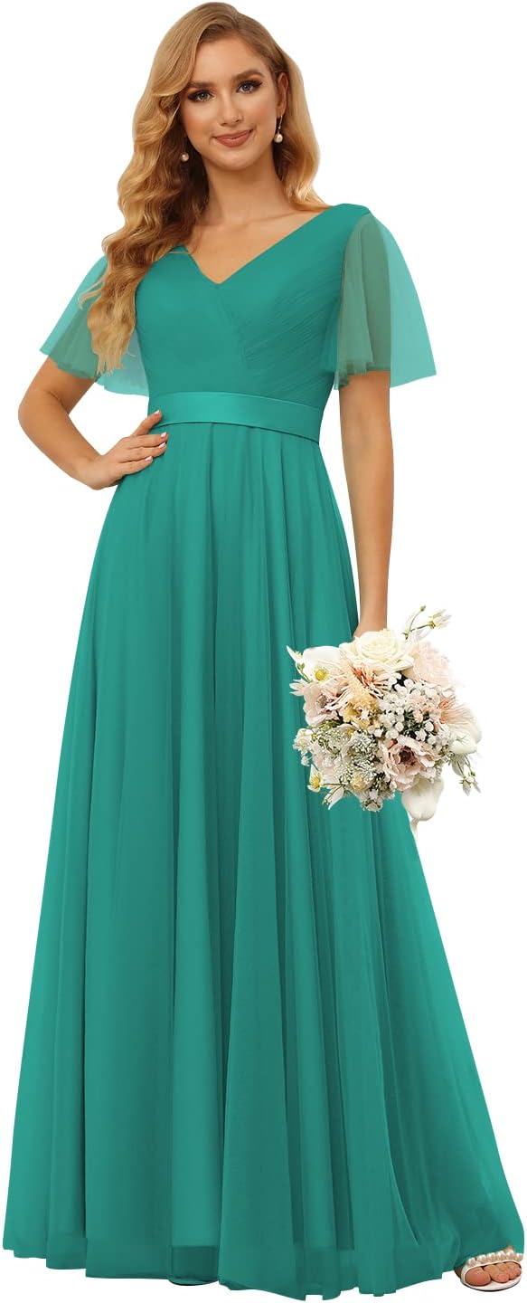 Damen Brautjungfernkleider mit Flatterärmeln, Tüll, lang, V-Ausschnitt, Empire-Taille, formelles Kleid 