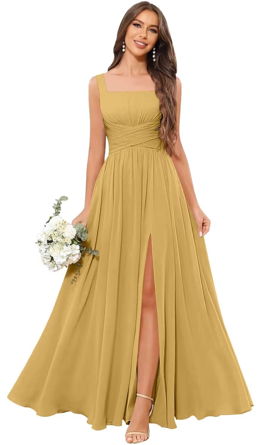 Kingbridal Chiffon A-line Bridesmaid Dresses for Women 2027 Long Square Neck Pleated Formal Evening Party Dress with Slit