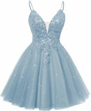 Spaghetti Straps Sequin Lace Appliques Short Homecoming Dresses for Teens Glitter Tulle Prom Party Dresses