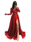 Long Sleeve Sequin Prom Dresses for Women 2027 Satin Formal Dress Sparkly Slit Evening Party Gown with Pocket