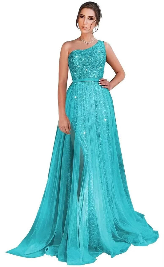 One Shoulder Sequin Prom Dresses for Women 2026 Long Tulle A-Line Formal Ball Gowns Sparkly Evening Dress with Slit