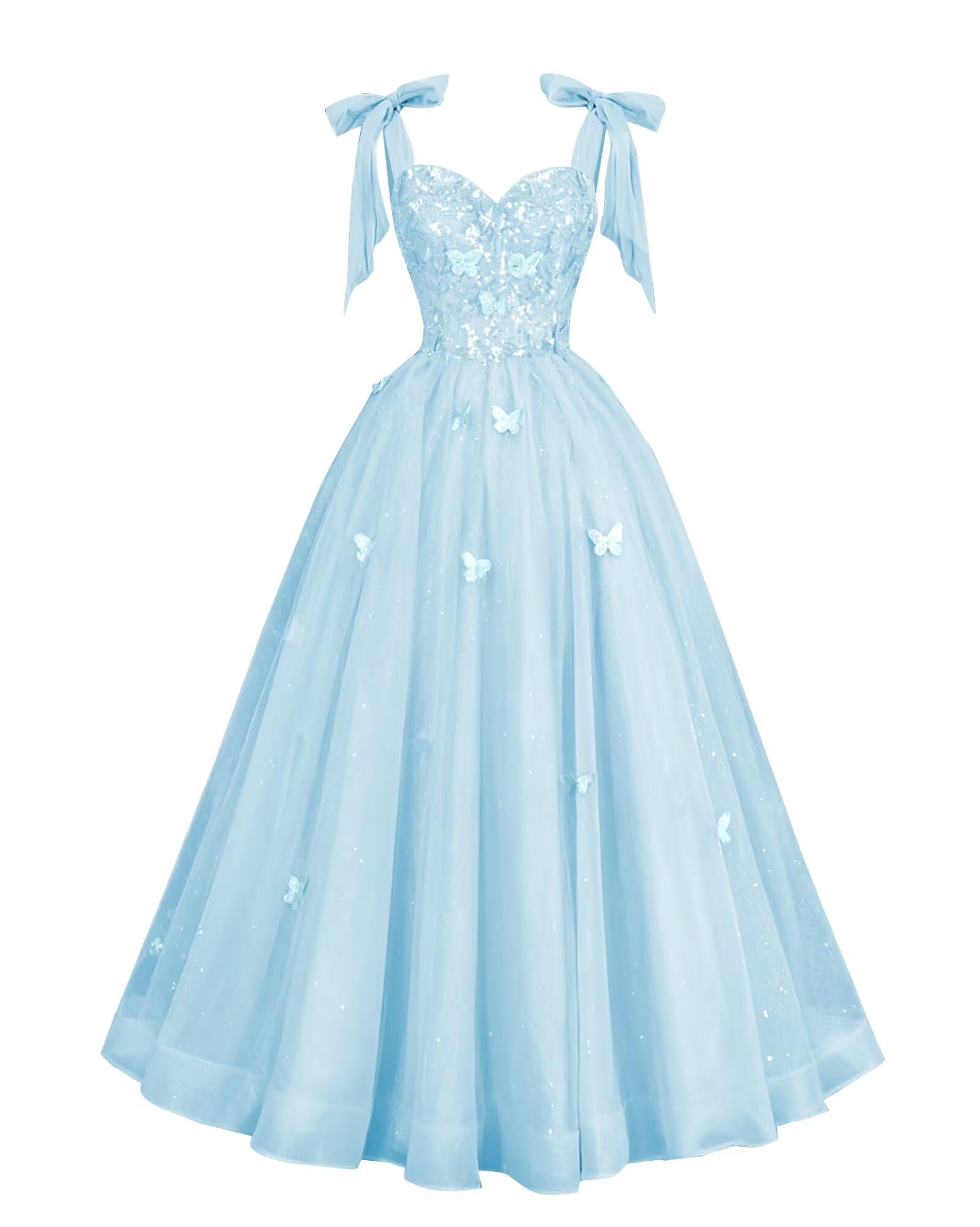 Glitter Tulle Prom Dress for Teens 3D Butterfly Long Ball Gowns Sequin Princess Quinceanera Dresses with Bow