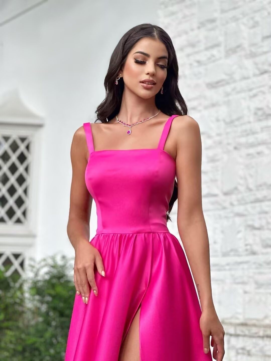 Spaghetti Straps Satin Bridesmaid Dresses for Women Long A-Line Square Neck Formal Evening Party Gown with Slit