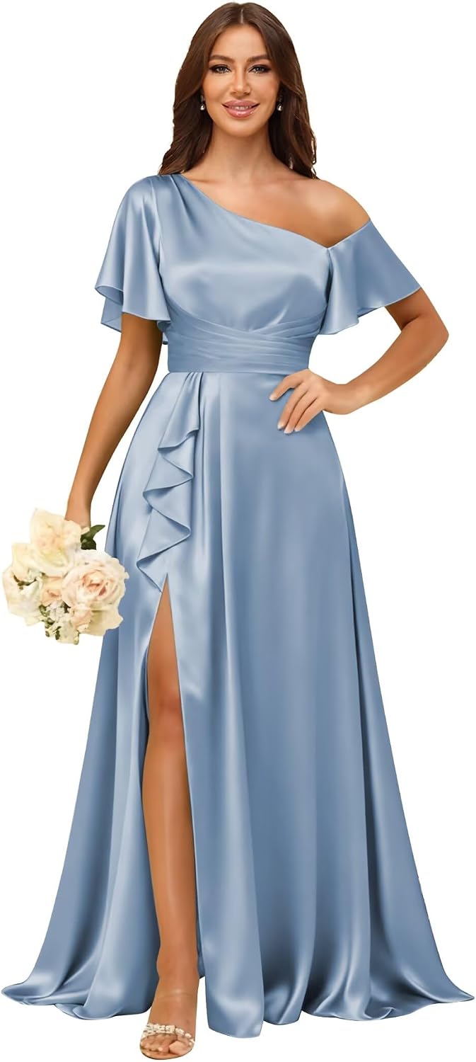 Short Sleeve Satin Bridesmaid Dresses for Women Ruffle One Shoulder Formal Evening Gowns with Slit