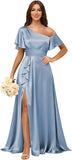Short Sleeve Satin Bridesmaid Dresses for Women Ruffle One Shoulder Formal Evening Gowns with Slit