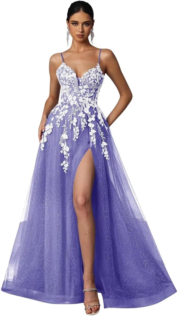 Tulle Prom Dresses 2027 Puffy Ball Gown for Women Formal V Neck Lace Appliques Evening Gown with Slit Long Homecoming Dress