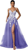 Tulle Prom Dresses 2027 Puffy Ball Gown for Women Formal V Neck Lace Appliques Evening Gown with Slit Long Homecoming Dress