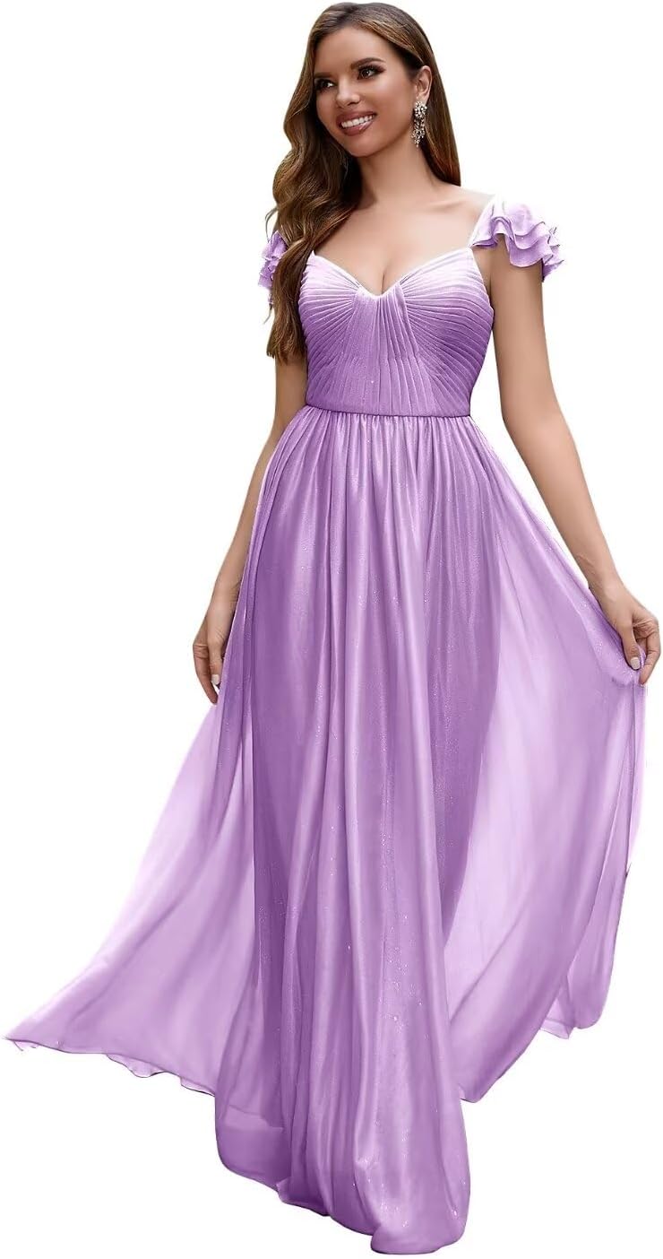 Cap Sleeve Bridesmaid Dresses for Women Long V Neck Ruffled Split Glittery Long Formal Evening Dress with Pocket