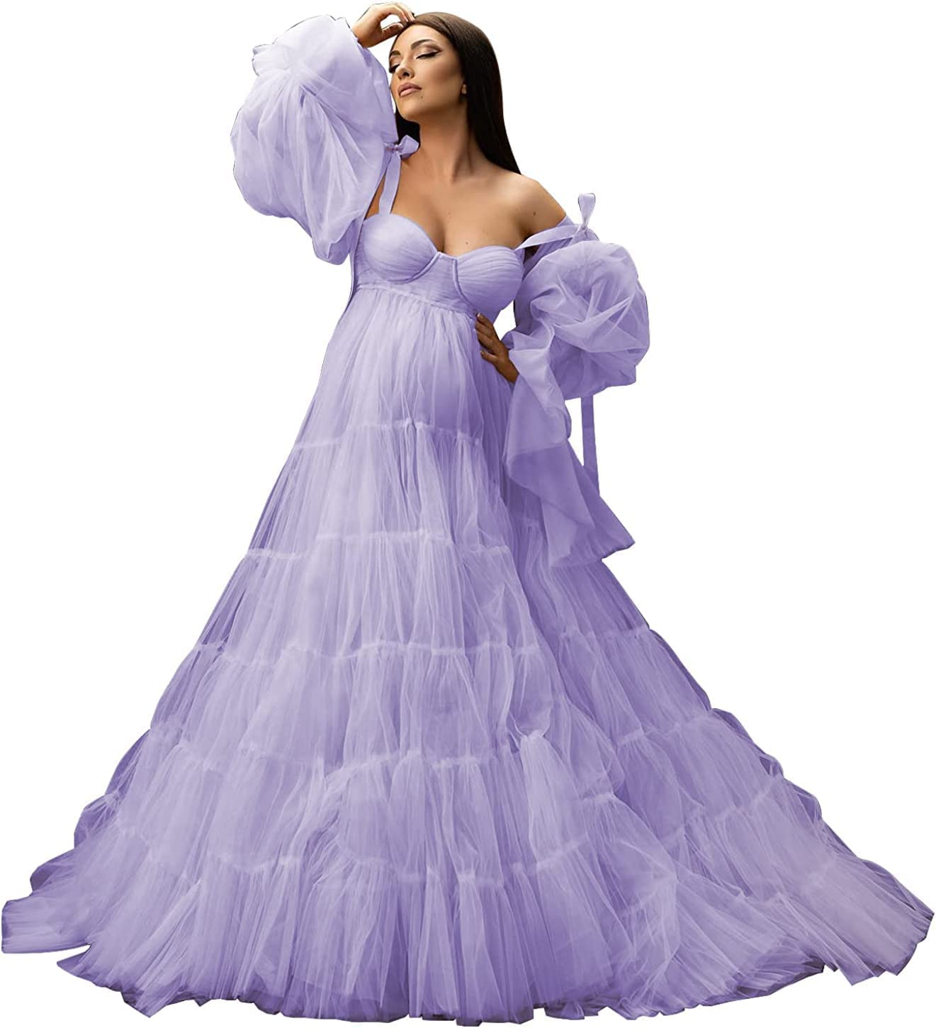 Womens Tulle Robe Maternity Dress for Photoshoot Off Shoulder Bridal Lingerie Maternity Gowns for Babyshower