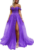 Off The Shoulder Tulle Prom Dress with Laces Applique A-line Slit Long Ball Gowns Glitter Formal Evening Dress