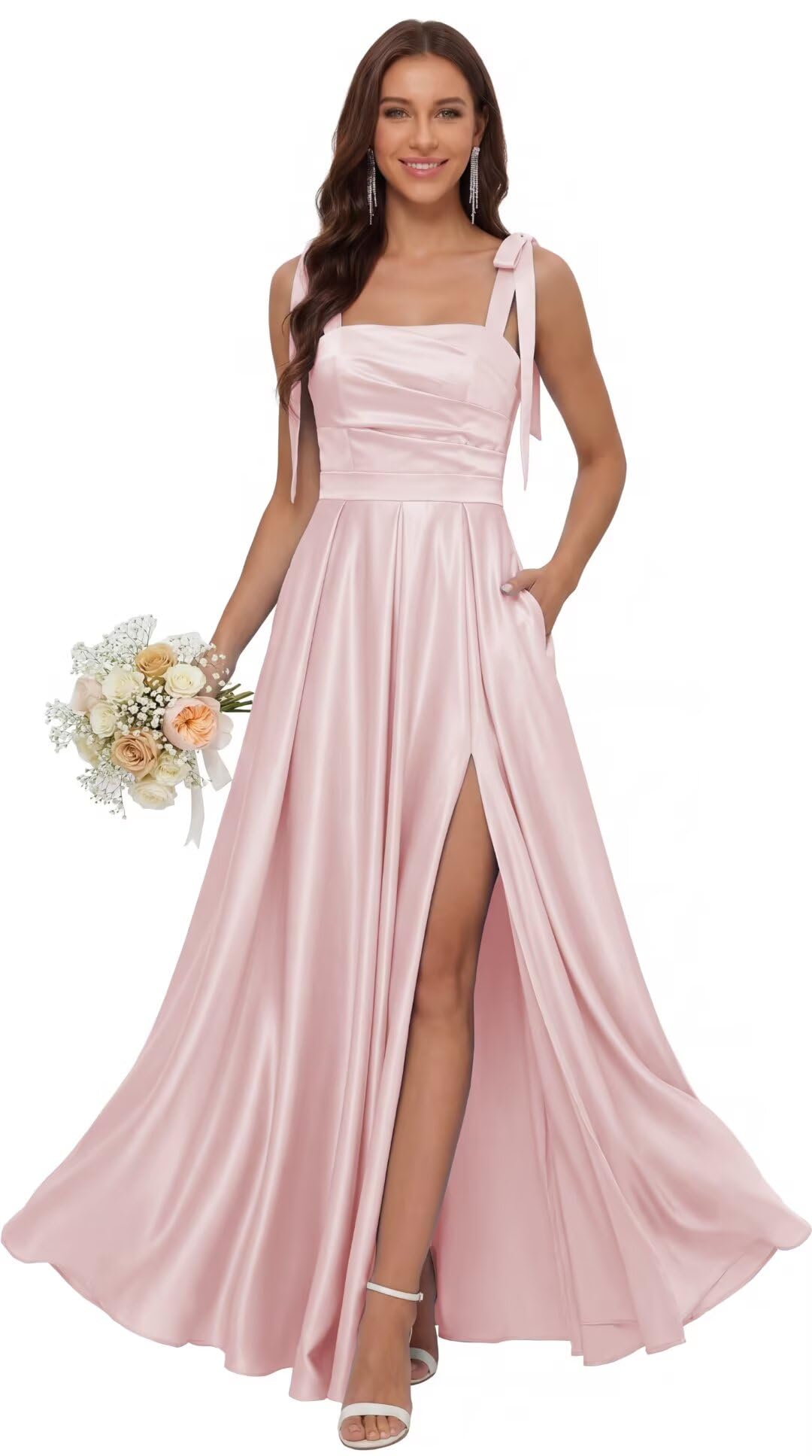 Satin Bridesmaid Dresses with Slit Spaghetti Straps Square Neck Long Formal Dress