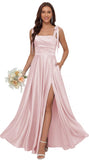 Satin Bridesmaid Dresses with Slit Spaghetti Straps Square Neck Long Formal Dress