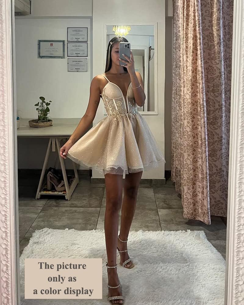 Glitter Tulle Homecoming Dresses for Teens Spaghetti V Neck Short Prom Dresses A Line Mini Cocktail Party Gowns