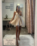 Glitter Tulle Homecoming Dresses for Teens Spaghetti V Neck Short Prom Dresses A Line Mini Cocktail Party Gowns