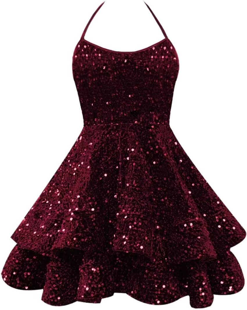 Sparkly Sequin Homecoming Dresses 2026 Spaghetti Straps Tiered Prom Dresses for Teens Short Cocktail Party Gowns