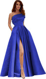 Women's One Shoulder Prom Dresses Long Satin Side Slit Formal Evening Gowns with Pockets