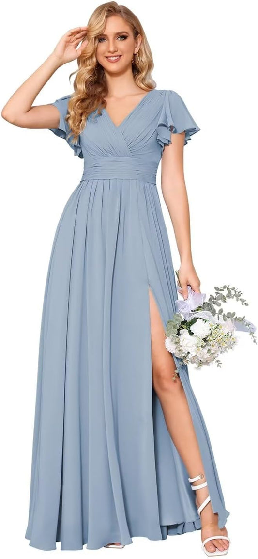 Flutter Sleeves Split Bridesmaid Dresses with Slit Long V Neck Empire Waist Formal Dress for Women Wedding