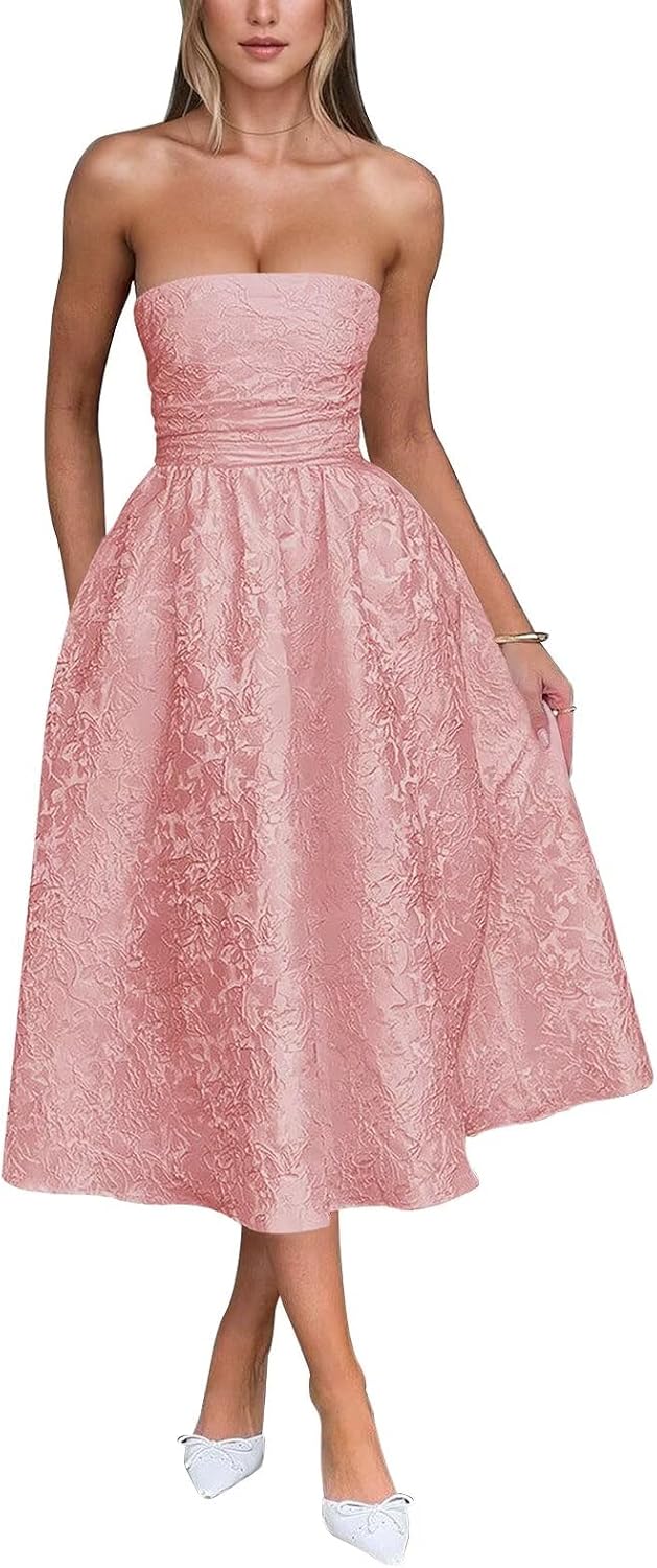 Satin Floral Jacquard Prom Dress for Women Strapless Corset Tea Length Formal Cocktail Evening Gowns
