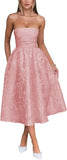 Satin Floral Jacquard Prom Dress for Women Strapless Corset Tea Length Formal Cocktail Evening Gowns