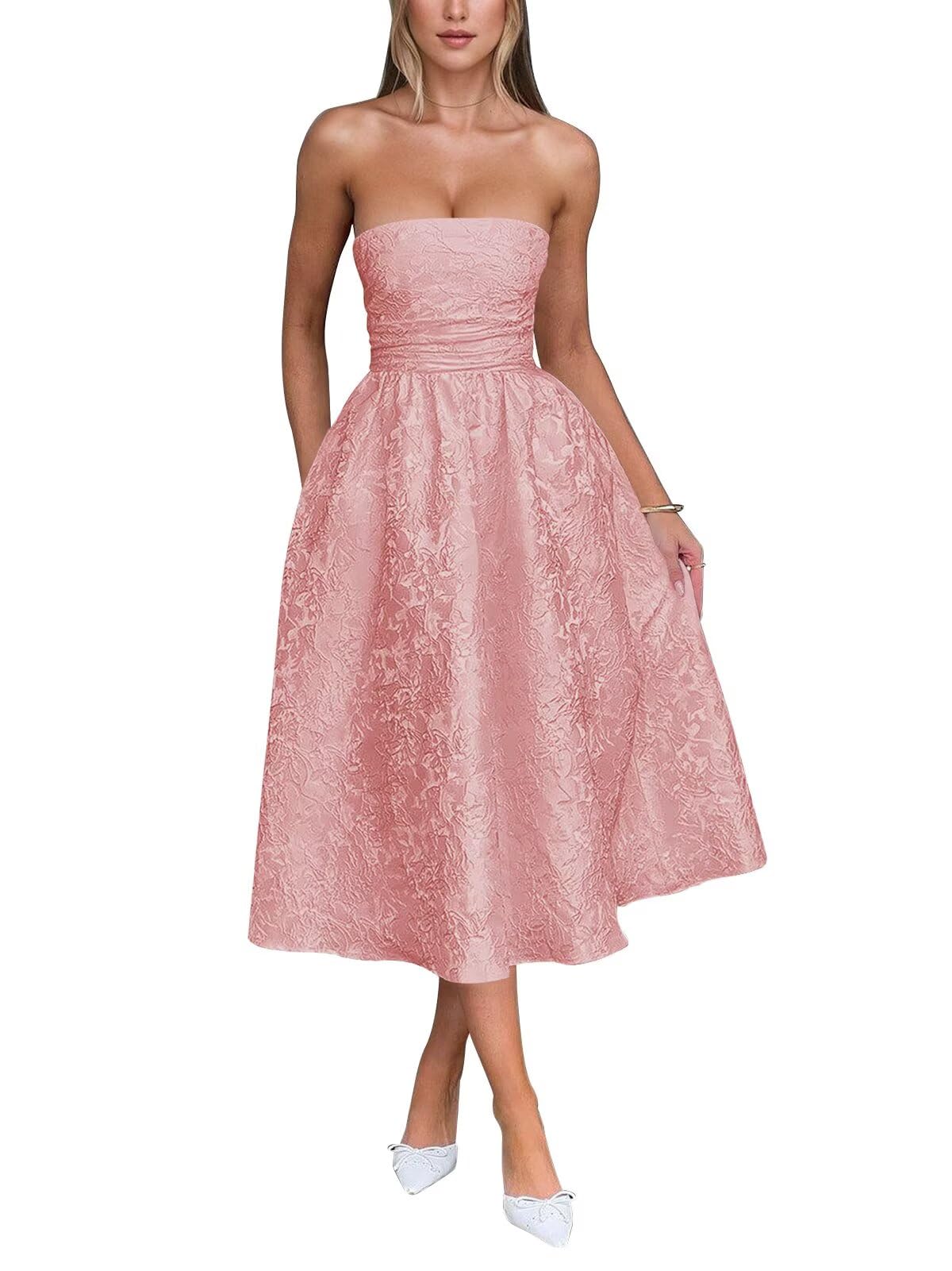 Satin Floral Jacquard Prom Dress for Women Strapless Corset Tea Length Formal Cocktail Evening Gowns