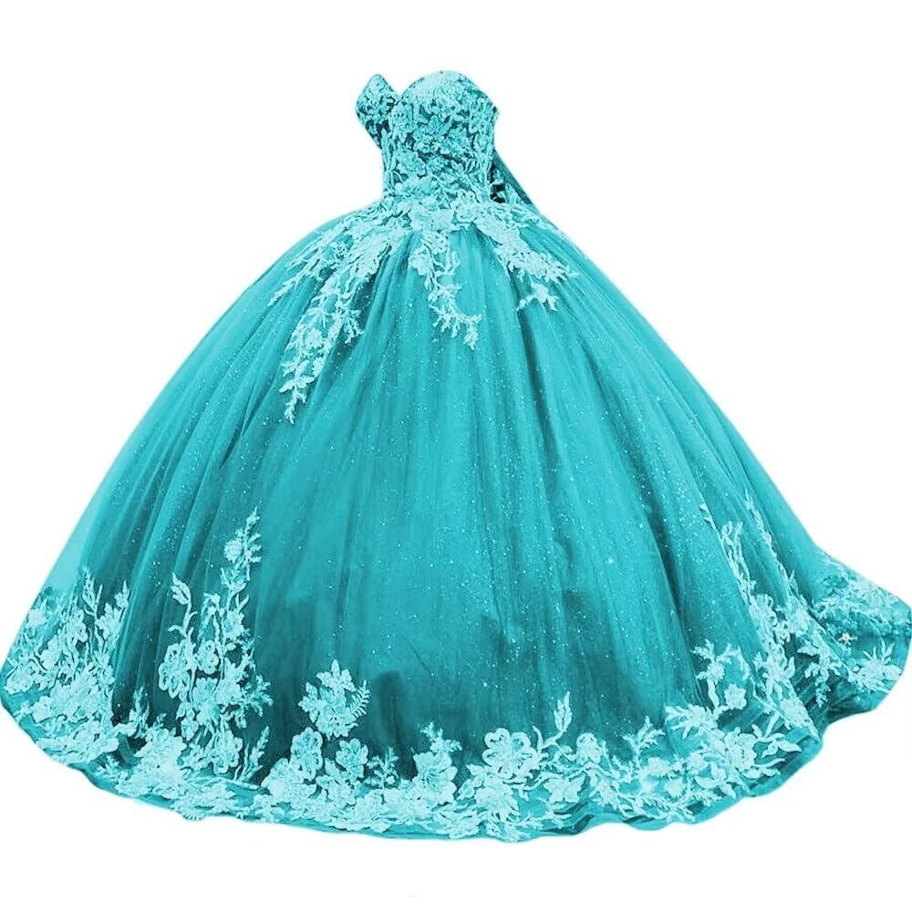 Sparkly Tulle Sweet 15 16 Quinceanera Dress Lace 3D Floral Ball Gown Strapless Puffy Prom Formal Gown