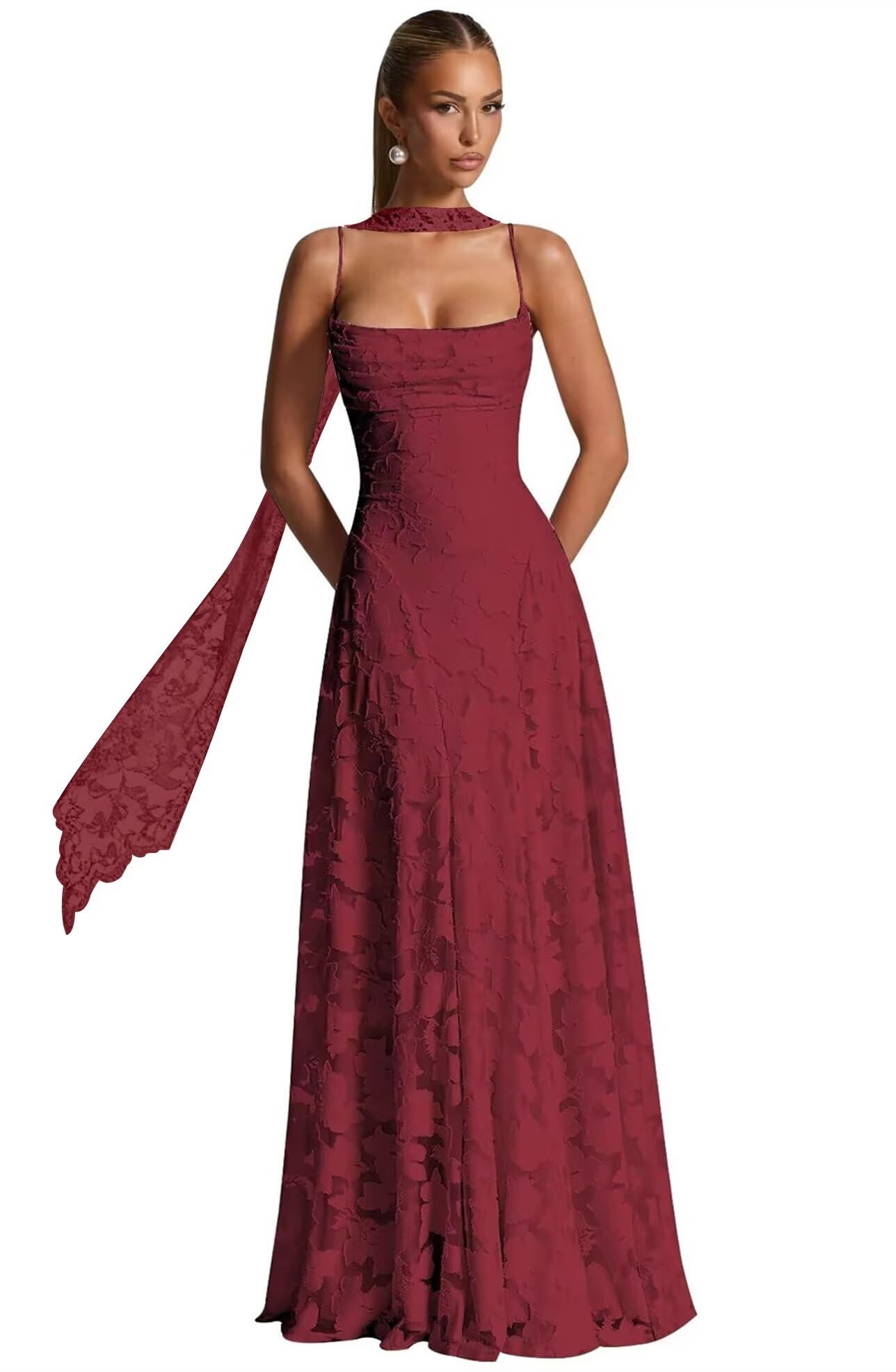 Floral Lace Bridesmaid Dresses for Women Long Spaghetti Straps Formal Evening Gowns with Scarf