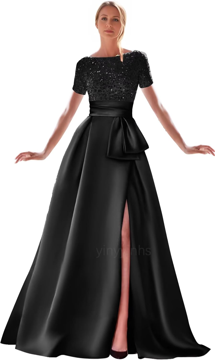 Kingbridal Gowns Short Sleeve Sequin Prom Dresses for Women 2026 Satin A-Line Sparkly Formal Evening Party Ball Gowns with Slit