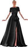 Kingbridal Gowns Short Sleeve Sequin Prom Dresses for Women 2026 Satin A-Line Sparkly Formal Evening Party Ball Gowns with Slit