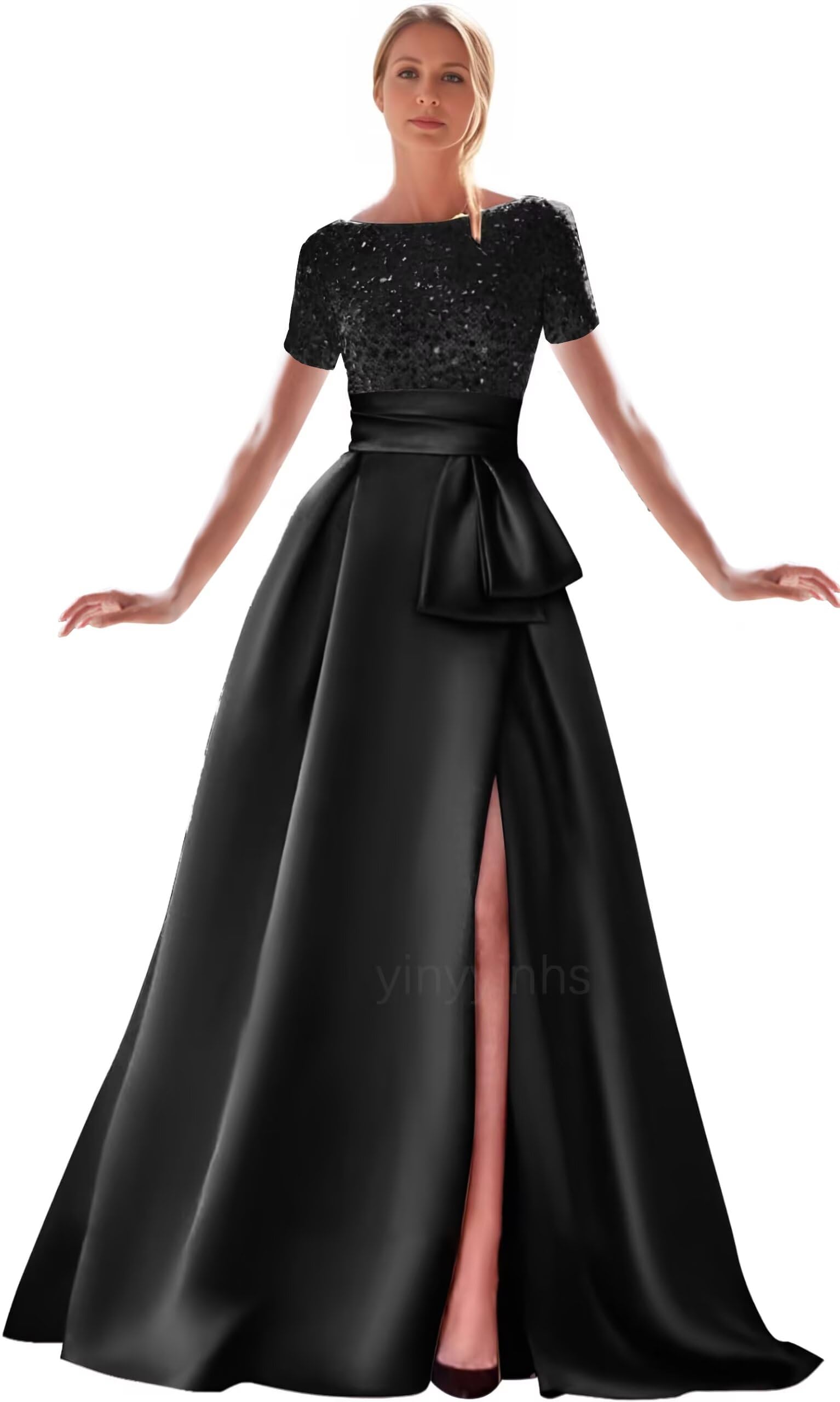 Kingbridal Gowns Short Sleeve Sequin Prom Dresses for Women 2026 Satin A-Line Sparkly Formal Evening Party Ball Gowns with Slit