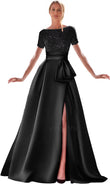 Kingbridal Gowns Short Sleeve Sequin Prom Dresses for Women 2026 Satin A-Line Sparkly Formal Evening Party Ball Gowns with Slit