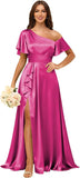 Short Sleeve Satin Bridesmaid Dresses for Women Ruffle One Shoulder Formal Evening Gowns with Slit