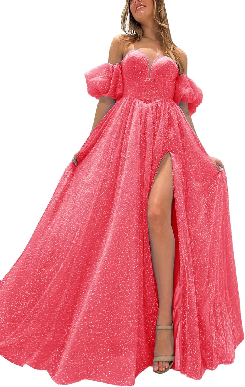 Tulle Prom Dresses for Women 2027 Sparkly Puffy Sleeves Long Ball Gowns with Slit A-Line Evening Dresses