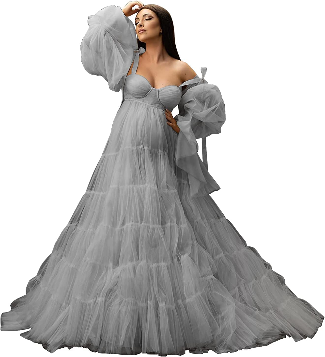 Womens Tulle Robe Maternity Dress for Photoshoot Off Shoulder Bridal Lingerie Maternity Gowns for Babyshower