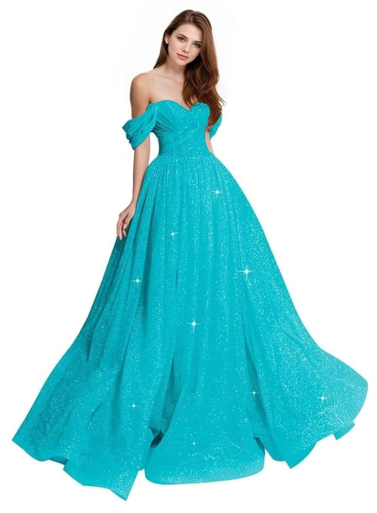 Sparkly Tulle Prom Dress 2026 Off The Shoulder Formal Dresses for Women Glitter A Line Long Ball Gown