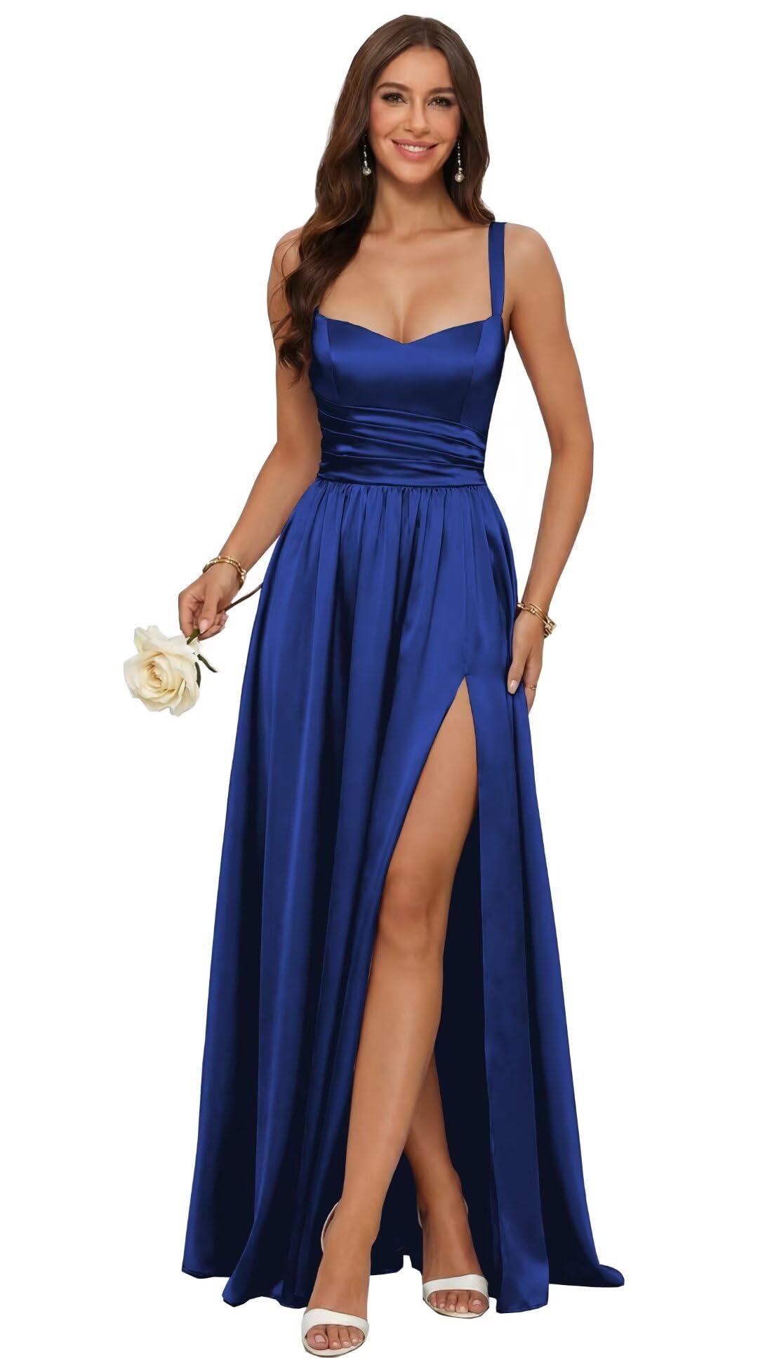 Jacquard Satin Prom Dresses with Slit Spaghetti Straps A Line Maxi Long Formal Dress