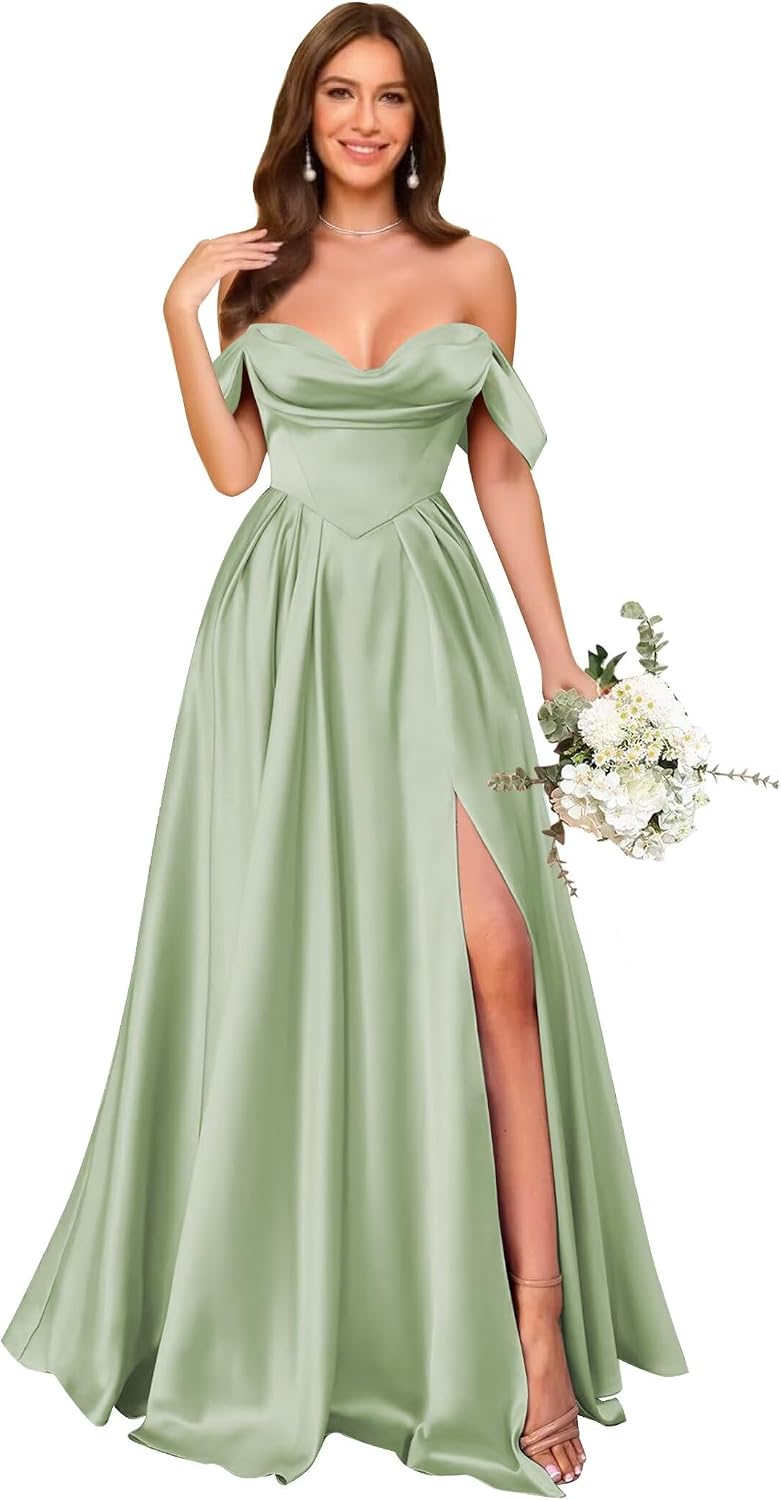 Off Shoulder Satin Bridesmaid Dresses Long Pleated Formal Dresses A Line Evening Gowns with Slit
