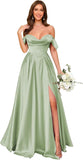 Off Shoulder Satin Bridesmaid Dresses Long Pleated Formal Dresses A Line Evening Gowns with Slit