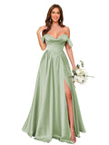 Off Shoulder Satin Bridesmaid Dresses Long Pleated Formal Dresses A Line Evening Gowns with Slit