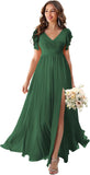 V Neck Flutter Sleeves Bridesmaid Dresses with Slit 2025 Chiffon Aline Pleats Formal Evening Gowns for Women