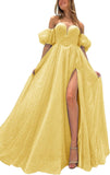 Tulle Prom Dresses for Women 2027 Sparkly Puffy Sleeves Long Ball Gowns with Slit A-Line Evening Dresses