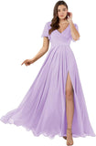 Damen Brautjungfernkleider mit Flatterärmeln, lang, mit Schlitz, V-Ausschnitt, Chiffon, formelle Kleider 