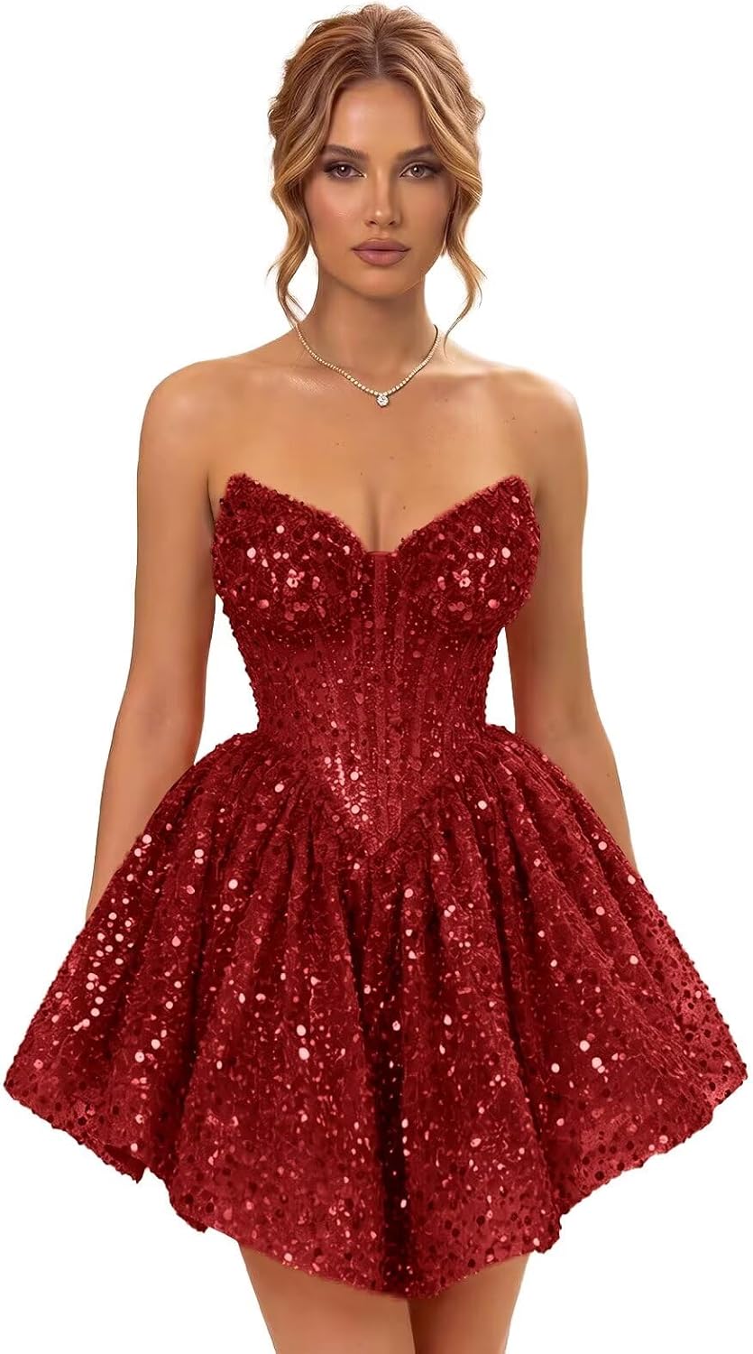 Strapless Sequin Homecoming Dresses for Teens 2026 Sparkly A-line Short Prom Dress Corset Cocktail Party Gowns