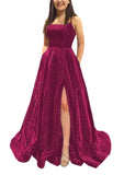 Kingbridal Gowns Spaghetti Straps Prom Dresses Long for Women 2026 A Line Sequin Satin Formal Evening Party Ball Gowns with Slit