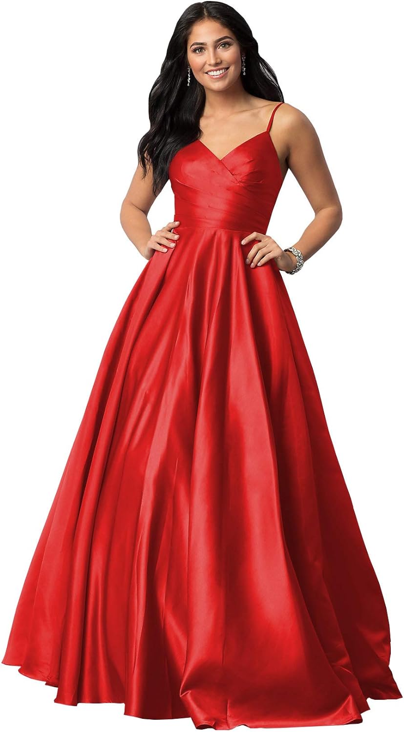 Women's Spaghetti Straps Satin Prom Dresses with Pockets V Neck Pleated Formal Evening Ball Gowns