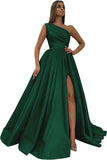 Women's One Shoulder Prom Dresses 2026 Long Slit Satin Formal Evening Gowns with Pockets