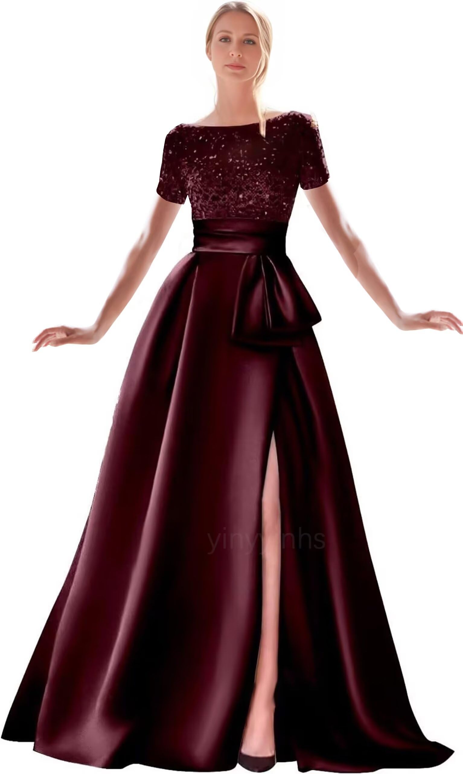 Kingbridal Gowns Short Sleeve Sequin Prom Dresses for Women 2026 Satin A-Line Sparkly Formal Evening Party Ball Gowns with Slit