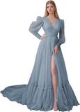 Puffy Sleeve Tulle Prom Dresses Long Ball Gown with Slit for Women 2027 V Neck Long Formal Evening Gowns