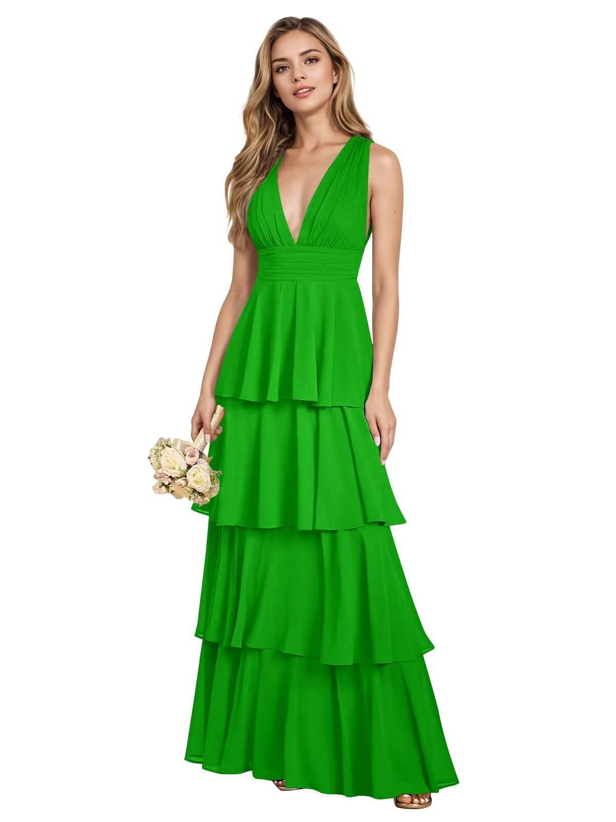 V Neck Chiffon Bridesmaid Dresses for Women 2027 Long Tiered A-Line Ruffles Formal Evening Party Dress