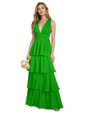 V Neck Chiffon Bridesmaid Dresses for Women 2027 Long Tiered A-Line Ruffles Formal Evening Party Dress
